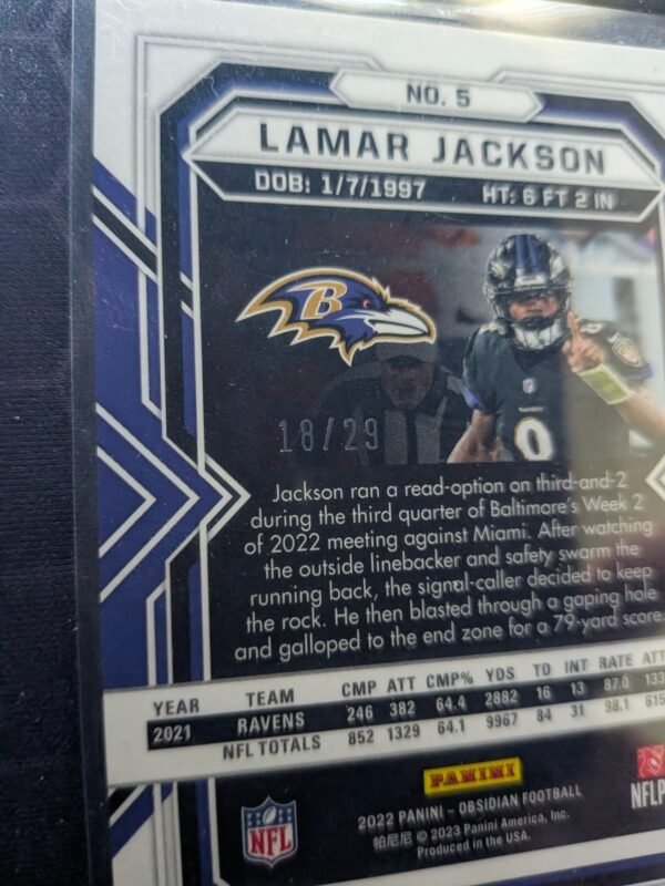 2022 Panini Prizm Obsidian - Lamar Jackson #5 Electric Etch Red Flood 1/29 Mint