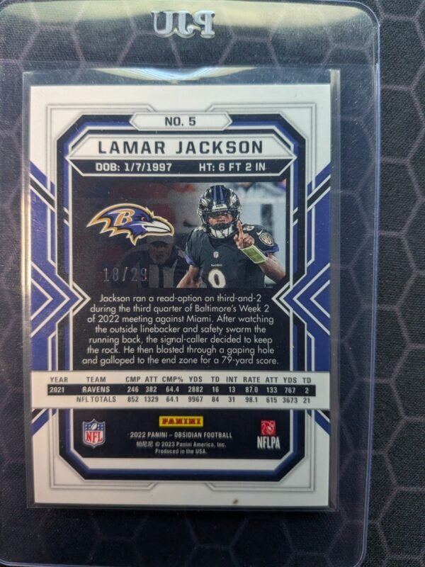 2022 Panini Prizm Obsidian - Lamar Jackson #5 Electric Etch Red Flood 1/29 Mint