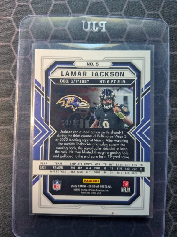 2022 Panini Prizm Obsidian - Lamar Jackson #5 Electric Etch Red Flood 1/29 Mint