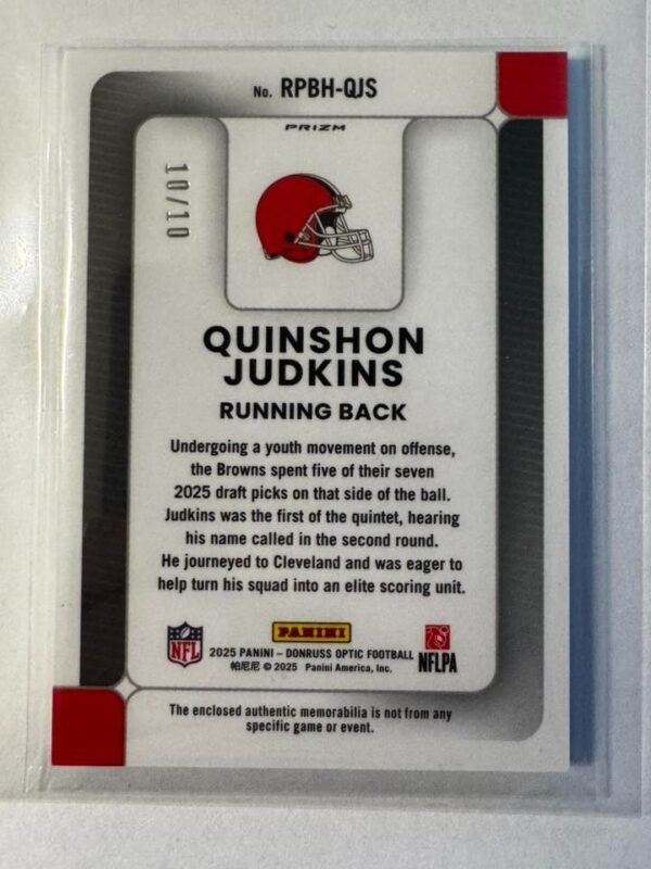 Donruss Optic Gold Patch Quinshon Judkins 10/10 Jersey # Match Bookend SSP